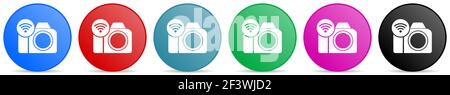 Photo camera, communication, wifi vector icons, set of circle gradient buttons in 6 colors options for webdesign and mobile applications Stock Vector