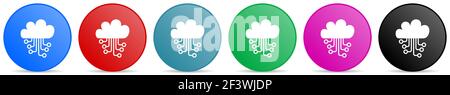 Cloud computing, technology, circuit, data vector icons, set of circle gradient buttons in 6 colors options for webdesign and mobile applications Stock Vector