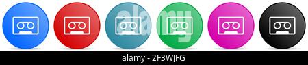 Retro cassette tape, audio concept vector icons, set of circle gradient buttons in 6 colors options for webdesign and mobile applications Stock Vector