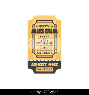Admission to visit exhibition, ticket to city museum, numbered paper card with price, free excursion included. Vector admit on performance or excursio Stock Vector