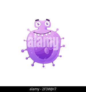Cartoon virus cell vector icon, cute purple bacteria, happy laughing germ character with funny face and pimples. Smiling pathogen microbe with kind ey Stock Vector