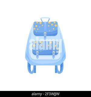Kids schoolbag isolated vector icon, cartoon blue rucksack with yellow stars. Cute baby backpack for boy or girl, student knapsack on white background Stock Vector