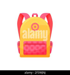 Kids schoolbag isolated vector icon, cute cartoon rucksack, pink and yellow baby backpack for girl with flower decor, student knapsack on white backgr Stock Vector