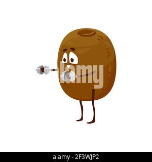 Cartoon kiwi fruit sportsman vector icon, funny character workout with dumbbells doing sport exercises isolated on white background. Healthy exotic fo Stock Vector