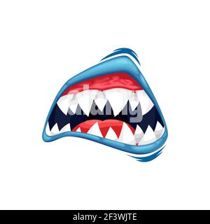 Monster mouth vector icon, creepy zombie or alien jaws with sharp teeth, blue lips and red tongue. Halloween creature roaring mouth isolated on white Stock Vector