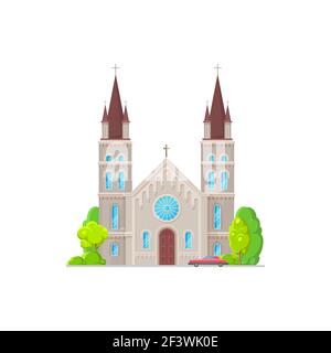 Christian church isolated catholic chapel with stained glass, towers with cross on top. Vector holly place to hold funeral and wedding ceremonies, cat Stock Vector