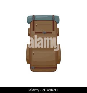 Backpack vector icon, camping or hiking rucksack, touristic knapsack equipment of brown color with mat and pockets isolated on white background. Sport Stock Vector