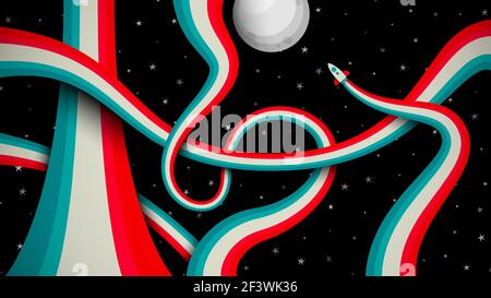 Cartoon retro rocket spaceship to the moon background vector illustration. Stock Vector