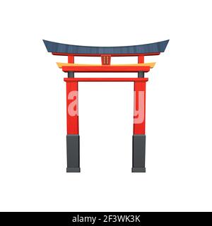 Red torii entrance with roof isolated Chinese, Korean or Japanese gate realistic cartoon icon. Vector ancient asian temple entrance design. Chinatown Stock Vector