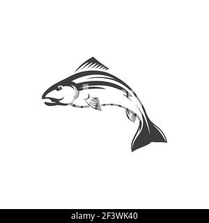 Fish trout sea food, fishery mascot isolated monochrome icon. Vector underwater animal, salmon freshwater fish, seafood, omega resource. Atlantic salm Stock Vector