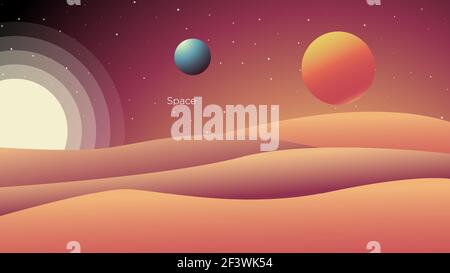 Cartoon planet surface with stars and satellites background vector illustration. Stock Vector