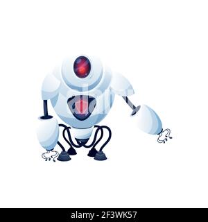 Cartoon robot vector cyborg character. Artificial intelligence technology, toy or bot guard with digital glow red face, flexible legs on suckers, tent Stock Vector