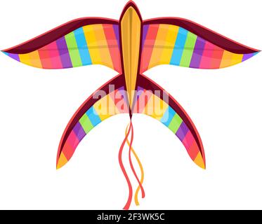 Kite in shape of rainbow color bird in sky isolated kids toy. Vector kite-balloon on wind, cartoon flying bird in sky. Outdoor summer activity object, Stock Vector