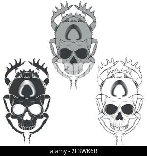 Vector silhouette of scary beetle with skull, illustration of death shape beetle, black and white silhouette Stock Vector