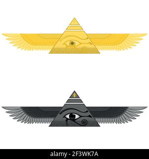 Illustration of winged pyramid with eye of horus, ancient egyptian pyramid with wings, winged pyramid, eye of horus, cross ankh Stock Vector