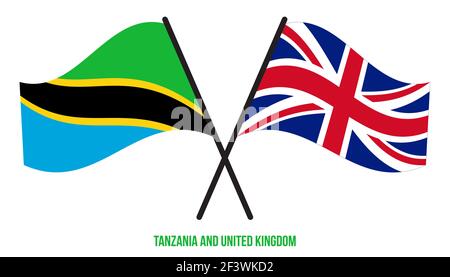 Tanzania and United Kingdom Flags Crossed And Waving Flat Style. Official Proportion. Correct Colors. Stock Vector