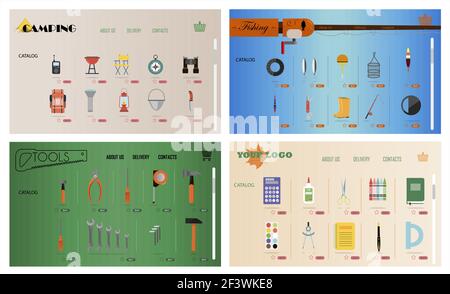 A set of sites for online stores of fishing, camping, construction tools, stationery. Vector cartoon illustration of web pages. Pages with corporate Stock Vector