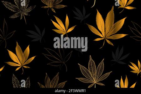 Vector Seamless Luxurious Gold Medical Cannabis, Weed, MArijuana Pattern. Hand drawn background with silhouttes of cannabis on a black background. Ele Stock Vector