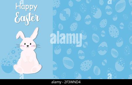 White easter rabbit and eggs. Inscription Happy Easter and cute bunny on blue background. Easter eggs seamless pattern. Vector illustration Stock Vector