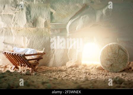 Chronology of Jesus life. Christian Christmas and Easter concept. Born to Die, Born to Rise. Wooden manger and empty tomb background. Jesus - reason Stock Photo