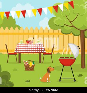 Barbecue party on backyard. Dinner in the garden. Stock Vector