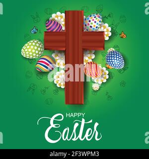 happy Easter greetings. cross with flowers and eggs. vector illustration design. Stock Vector