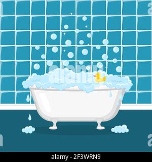 White bathtub with foam, bubbles and yellow duck Stock Vector