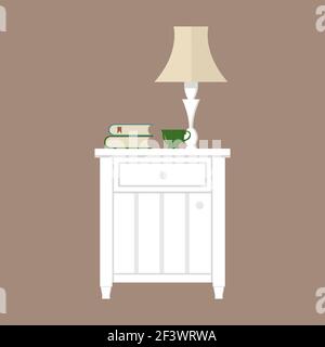 White night table with lamp, books and cup. Stock Vector