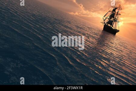 A Spanish Brig ,Sailing Out At Sea. Stock Photo