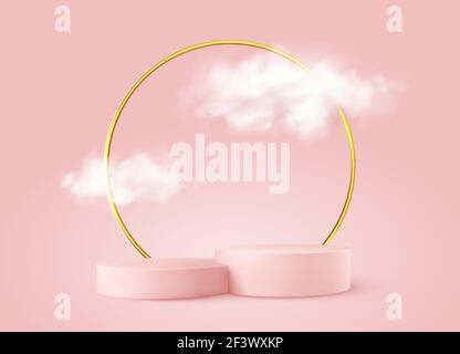 Realistic Pink product podium with golden round arch and clouds. Product podium scene design to showcase your product. Realistic 3d vector Stock Vector