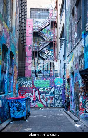 Hosier Lane Melbourne, street art and graffiti in the famous Hosier Lane in Melbourne city centre,Victoria,Australia Stock Photo