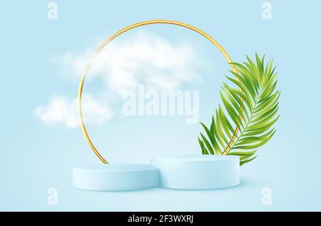 Realistic Blue product podium with golden round arch, plm leaf and clouds. Product podium scene design to showcase your product. Realistic 3d vector Stock Vector