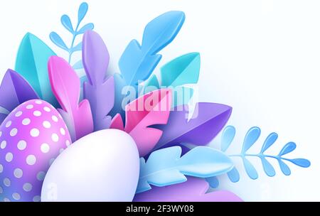 3D trendy Realistic Easter greeting card, banner with flowers, Easter eggs. Spring floral Modern 3d Easter graphic concept. Vector illustration Stock Vector
