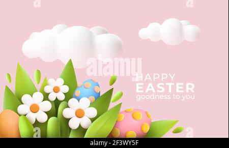 3D trendy Realistic Easter greeting card, banner with flowers, Easter eggs and clouds. Spring floral Modern 3d Easter graphic concept. Vector Stock Vector