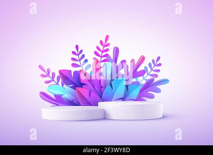 Realistic product podium with fantastic tropical leaves. Product podium scene design to showcase your product. Realistic 3d vector illustration Stock Vector