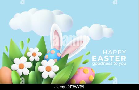 3D trendy Realistic Easter greeting card, banner with flowers, Easter eggs and clouds. Spring floral Modern 3d Easter graphic concept. Vector Stock Vector