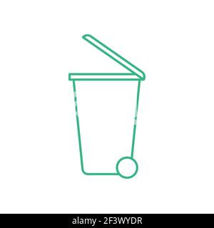 Green garbage bin line icon. Simple recycle bin symbol. Wheeled plastic trash can. Waste basket, dustbin on wheels contour. Waste management concept. Stock Vector
