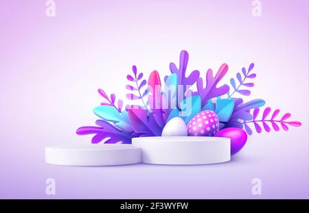 Realistic product podium with Easter eggs and fantastic tropical leaves. Product podium scene Easter design to showcase your product. Spring floral Stock Vector