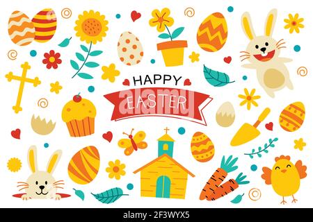 Happy easter flat color elements design. Easter set with object and decorations on white background. Stock Vector