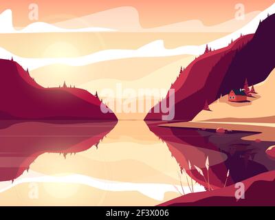Colorful vector illustration of a scandinavian fjord at sunset Stock Vector