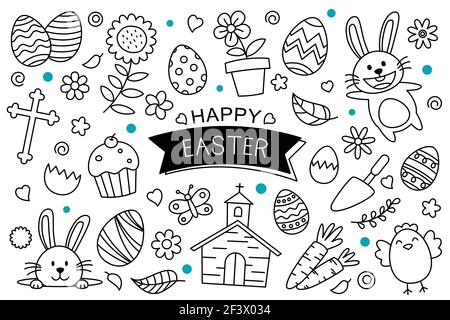 Easter eggs doodle hand drawn on white background. Happy easter isolated element objects. Stock Vector
