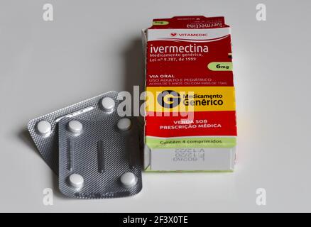 Box and tablets of Ivermectin (Brazilian packaging), antiparasitic drug and also a potential treatment of Covid-19 disease