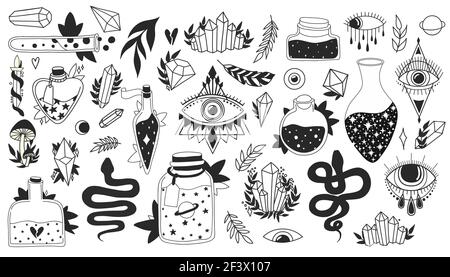 Witchcraft set. Magic esoteric symbols collection. Black isolated icons on white background. Evil eye, crystal, snake, bottles with potion. Halloween Stock Vector