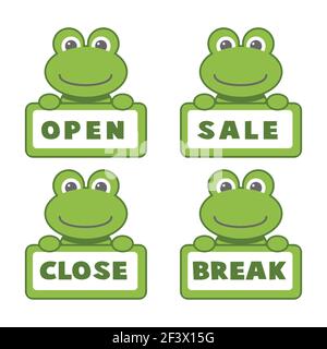 Open and closed board signs, frog. Vector icons illustration. Stock Vector