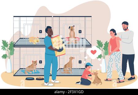 Family adopt puppy 2D vector web banner, poster Stock Vector