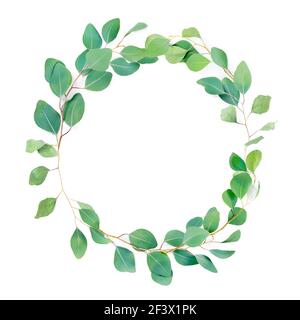 Floral round frame, eucalyptus leaves on white background. Wreath made of eucalyptus populus branches. Flat lay, top view with copyspace for text. Min Stock Photo