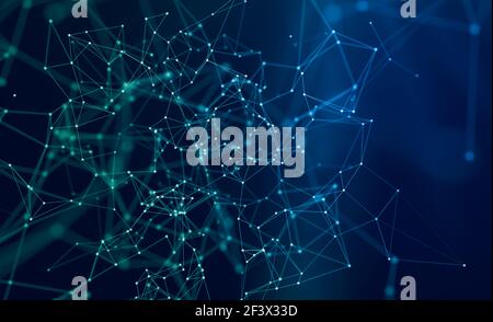 Abstract polygonal space background blue with connection lines and dots for tech and business. Stock Photo