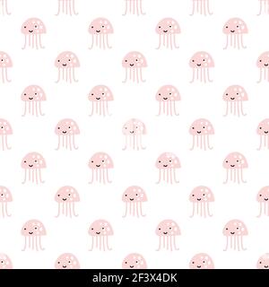 Pink octopus on white pattern background. Cute octopus seamless pattern. Marine life and animals concept. Sea monster, underwater predator Stock Vector