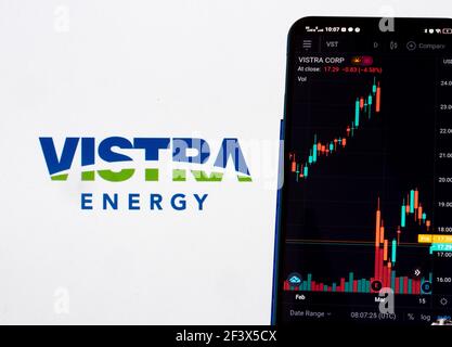 Ukraine. 18th Mar, 2021. In this photo illustration the stock market information of Vistra Corp seen displayed on a smartphone with the Vistra Corp logo in the background. Credit: SOPA Images Limited/Alamy Live News Stock Photo