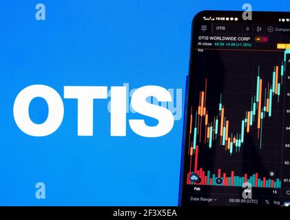 Ukraine. 18th Mar, 2021. In this photo illustration the stock market information of Otis Worldwide Corporation seen displayed on a smartphone with the Otis Worldwide Corporation logo in the background. Credit: SOPA Images Limited/Alamy Live News Stock Photo